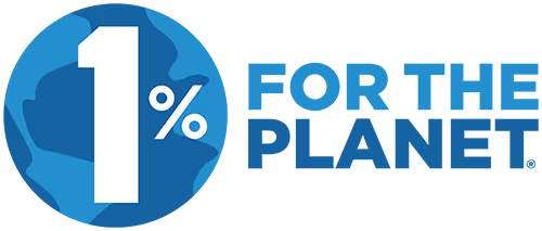 The logo for 1% For The Planet, featuring a blue circular globe graphic with a large white '1%' and blue text reading 'FOR THE PLANET' on a white background.