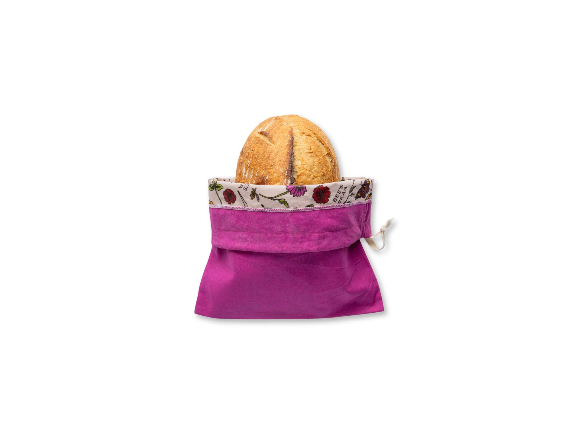 Meadow Magic reusable Bread Bag with a loaf of bread on a white background