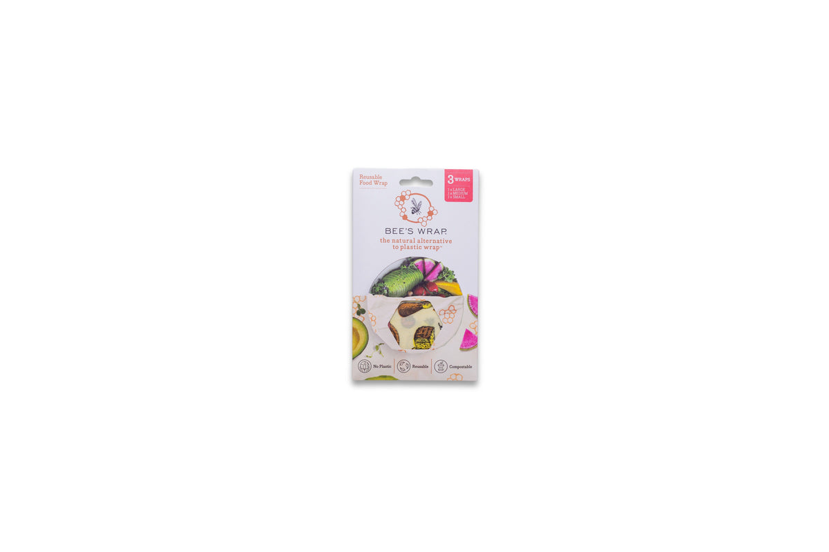 Bees Wrap Assorted 3 Pack in Small Medium Large with the Wheels n Wedges print in packaging on a white background
